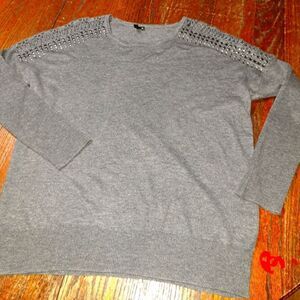 Medium VIP Grey Long Sleeve Crochet Knit Shoulder Embellished Knit Sweater